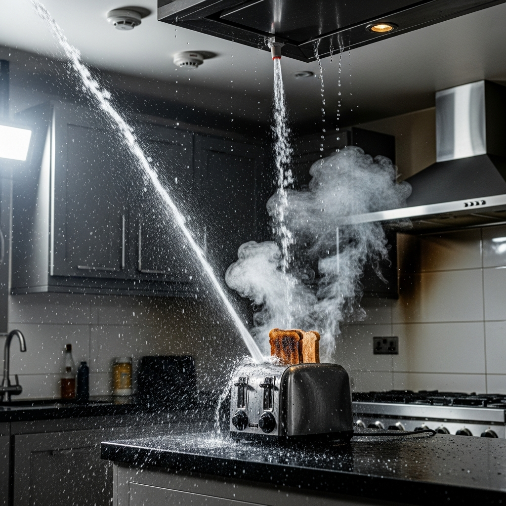 Humorous property damage scenario illustrating the need for professional restoration services